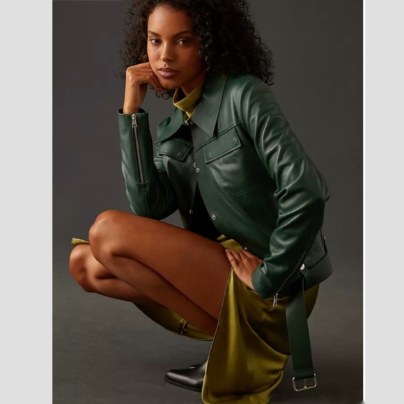 NWT Anthro Soia & Kyo Rowen Classic Straight fit Leather Jacket in Green Sz XS - Picture 1 of 16